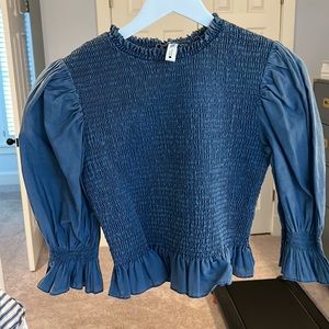 Cropped Chambray Smocked Top